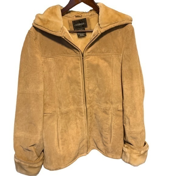 Outbrook Suede Leather Shearling Lined Hooded Coat Tan Ladies Size Medium - Picture 1 of 14